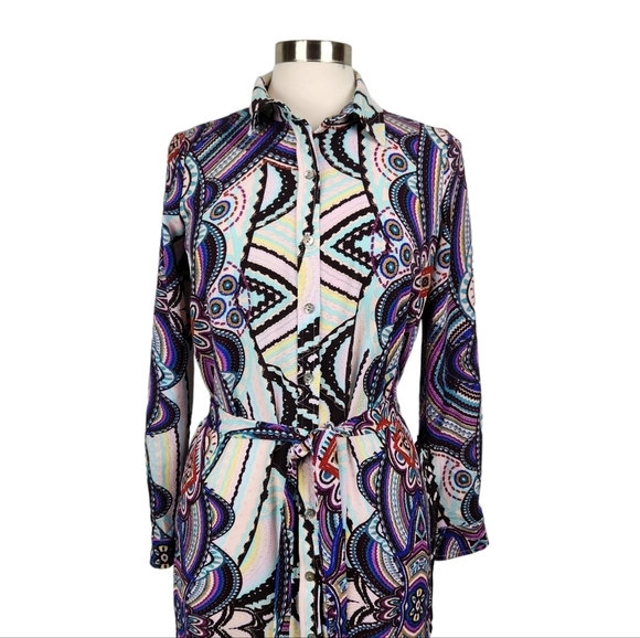 Uncle Frank Colorful Paisley Floral Midi Shirt Dress with Waist Tie Womens XS - Picture 3 of 10